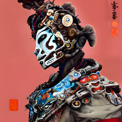Fototapeta premium Portrait of a machine, chinese art, sci-fy, asian, tribal, traditional, tattoo
