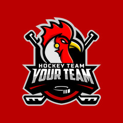 Roosters head logo for the ice hockey team logo. vector illustration. With a combination of shields badge, puck and ice hockey stick