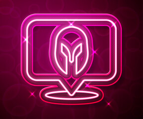 Glowing neon line Medieval iron helmet for head protection icon isolated on red background. Knight helmet. Vector