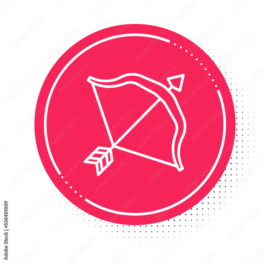 Poster white line medieval bow and arrow icon isolated on white background. medieval weapon. red circle but