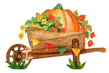 Garden cart and autumn harvest. Pumpkin and flowers. Watercolor hand drawn - 530401017