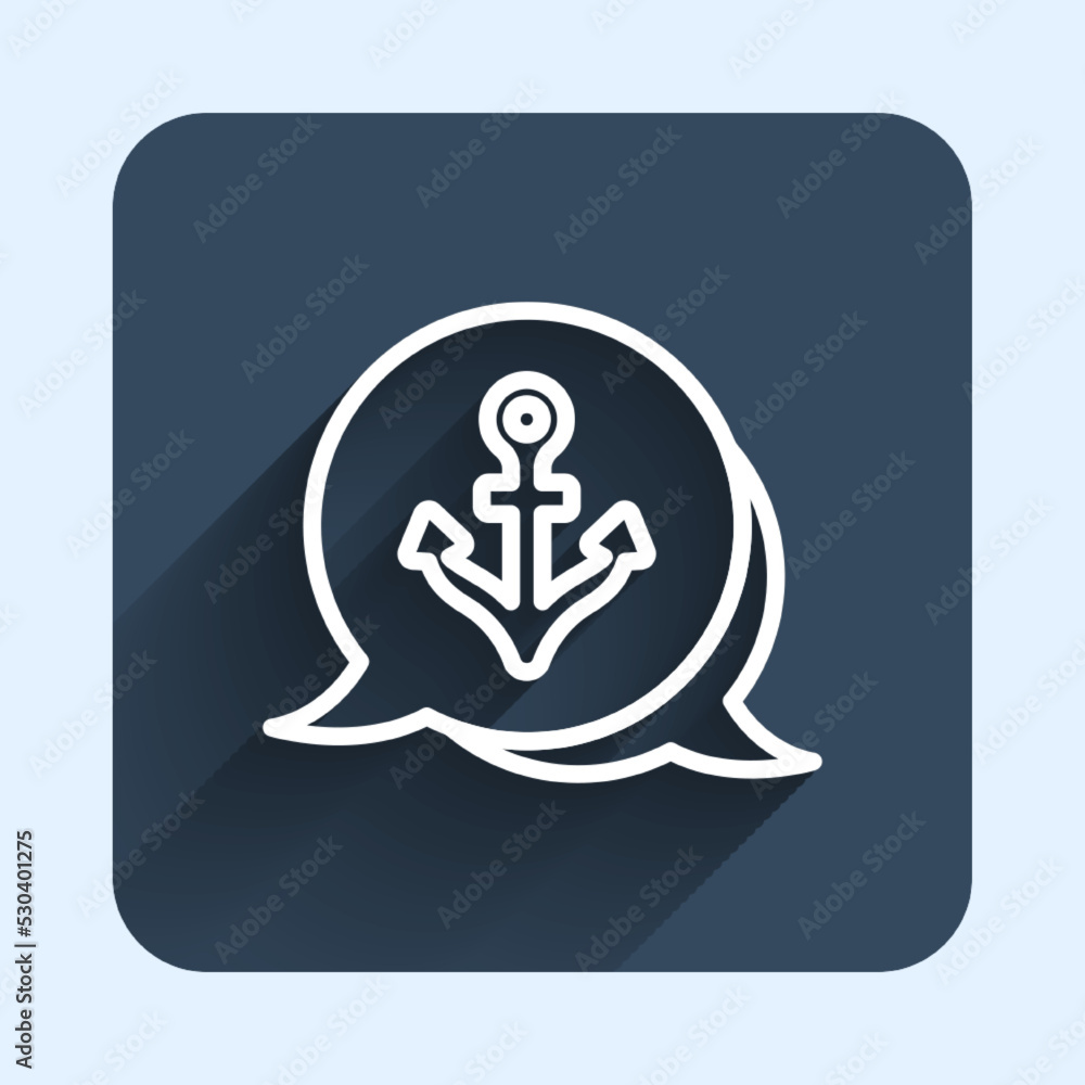 Poster white line anchor icon isolated with long shadow background. blue square button. vector