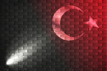 Turkey flag. Turkish flag with crescent and star on a brick wall. Grunge texture brick wall in spotlight. Vector special design background.