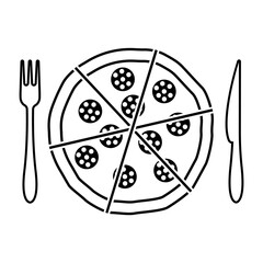 Pizza icon. Traditional pizza with salami or pepperoni and fork and knife. Vector Illustration