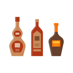 Set bottles of liquor, whiskey, balsam great design for any purposes. Icon bottle with cap and label. Flat style. Color form. Party drink concept. Simple image shape