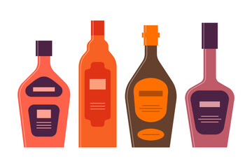 Set bottles of liquor, rum, whiskey, balsam great design for any purposes. Icon bottle with cap and label. Flat style. Color form. Party drink concept. Simple image shape