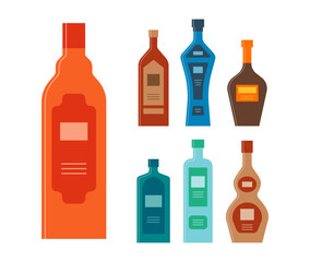 Set bottles of rum liquor vodka whiskey gin tequila balsam. Icon bottle with cap and label. Graphic design for any purposes. Flat style. Color form. Party drink concept. Simple image shape