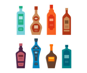 Set bottles of gin whiskey brandy cognac liquor vodka balsam tequila. Icon bottle with cap and label. Graphic design for any purposes. Flat style. Color form. Party drink concept. Simple image shape
