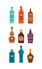 Set bottles of gin brandy cognac balsam rum liquor tequila vodka whiskey. Icon bottle with cap and label. Graphic design for any purposes. Flat style. Color form. Party drink concept. Simple image