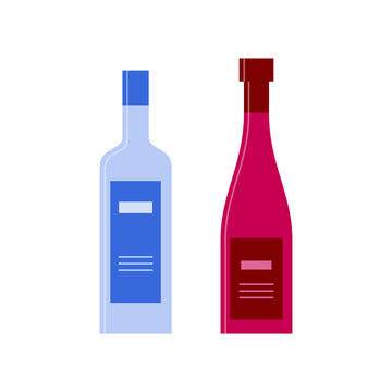 Set bottles of vodka and red wine, great design for any purposes. Icon bottle with cap and label. Flat style. Color form. Party drink concept. Simple image shape