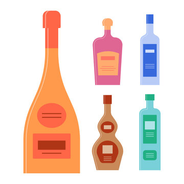 Set bottles of champagne liquor vodka whiskey gin. Icon bottle with cap and label. Graphic design for any purposes. Flat style. Color form. Party drink concept. Simple image shape
