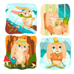 A set of Fluffy Bunnies doing different things. They rest, go for a walk, prepare for the holidays. Cheerful Rabbit. Vector illustration on a white background.