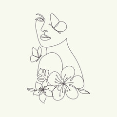 Beauty woman head with butterflies and flowers elegant line art drawing liner illustration