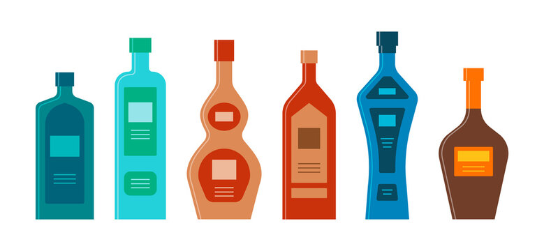 Set bottles of gin vodka whiskey brandy tequila liquor. Icon bottle with cap and label. Graphic design for any purposes. Flat style. Color form. Party drink concept. Simple image shape