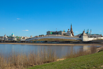 Panoramic view with Kazan Kremlin, mosque Kul Sharif and with river Kazanka.May 2022.