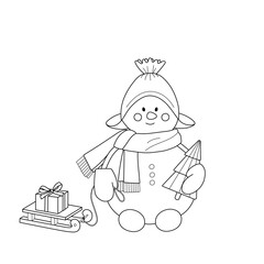 Cute winter kids coloring book with snowman. Christmas festive black and white vector illustration with simple shapes and editable stroke.