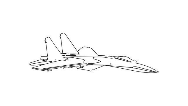 Fighter plane, black animated line on a white background.