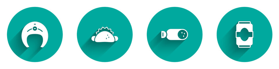 Set Fish steak, Taco with tortilla, Salami sausage and Soda can icon with long shadow. Vector