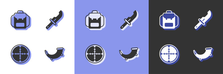 Set Hunting horn, Hiking backpack, Sniper optical sight and Hunter knife icon. Vector