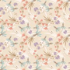 Fototapeta premium Сute floral motif. Vector texture. Small of gentle tones flowers and leaves intertwined in a seamless pattern on a beige background. Elegant repeat design for decor, fabric, wallpapers, print, covers