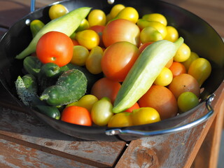 bowl of fresh vegetables with gardens. Small yellow tomatoes, red tomatoes, cucumbers and achokcha