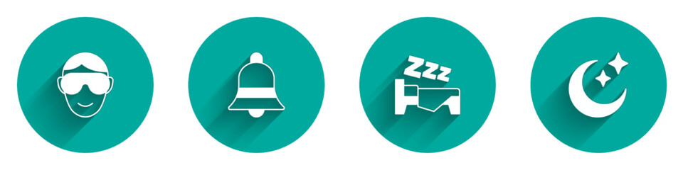 Set Eye sleep mask, Ringing bell, Time to and Moon and stars icon with long shadow. Vector