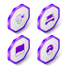 Set Isometric Earplugs and ear, Big bed, Pillow and Eye sleep mask icon. Purple hexagon button. Vector