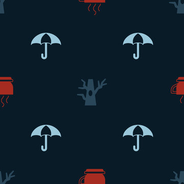 Set Coffee cup, Bare tree and Umbrella on seamless pattern. Vector