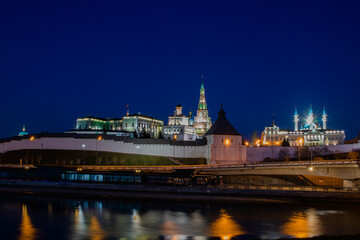 Panoramic view with Kazan Kremlin at night, mosque Kul Sharif and with river Kazanka.May 2022