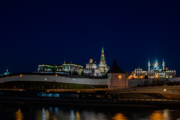 Fototapeta na wymiar Panoramic view with Kazan Kremlin at night, mosque Kul Sharif and with river Kazanka.May 2022