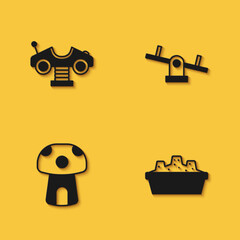Set Swing car, Sandbox with sand, Mushroom house and Seesaw icon with long shadow. Vector