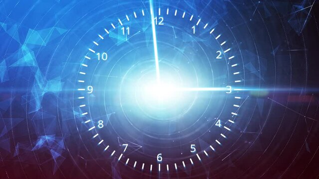 Endless loop time clock motion on shiny digital technology animation background.