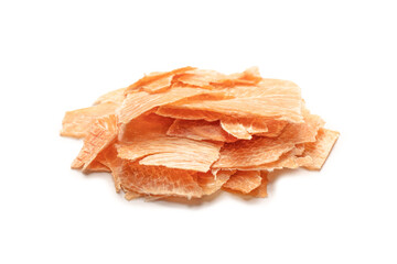 Group of tasty beer snacks. Dehydrated chicken meat slices.