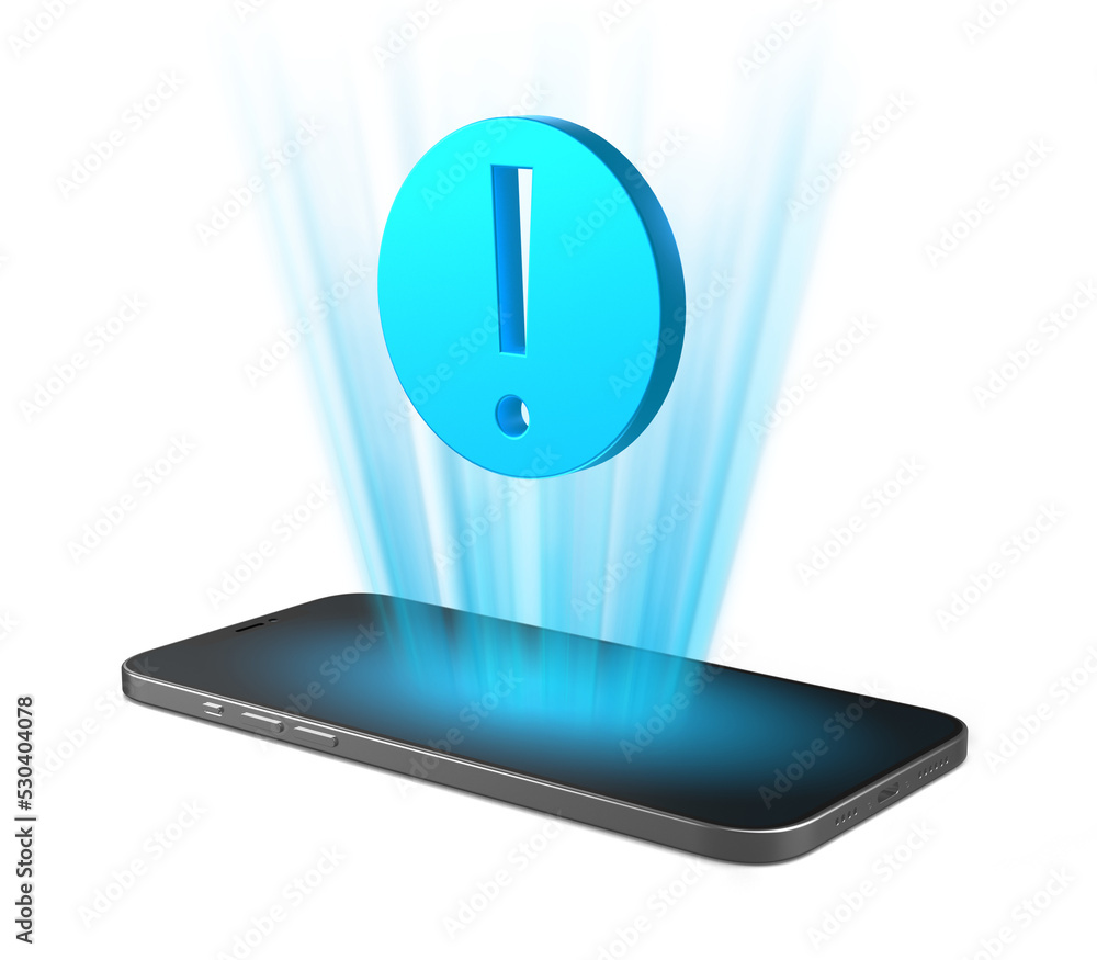 Poster smartphone that projects exclamation mark icon from the screen. phone with warning symbol on isolate