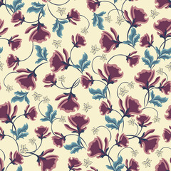 Trendy seamless pattern with  of plants similar to peony, carnation, poppy petals. Beige, purple, blue colors.  Vector illustration. Modern textile, branding, packaging, wallpapers, fabrics