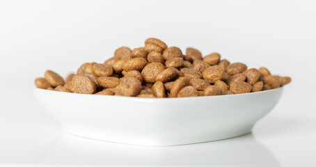 Close-up of cat dry food in a ceramic plate.