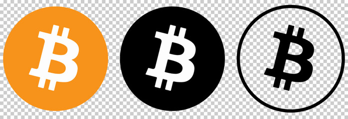 Bitcoin icons set. Cryptocurrency round symbols. Vector illustration isolated on transparent background