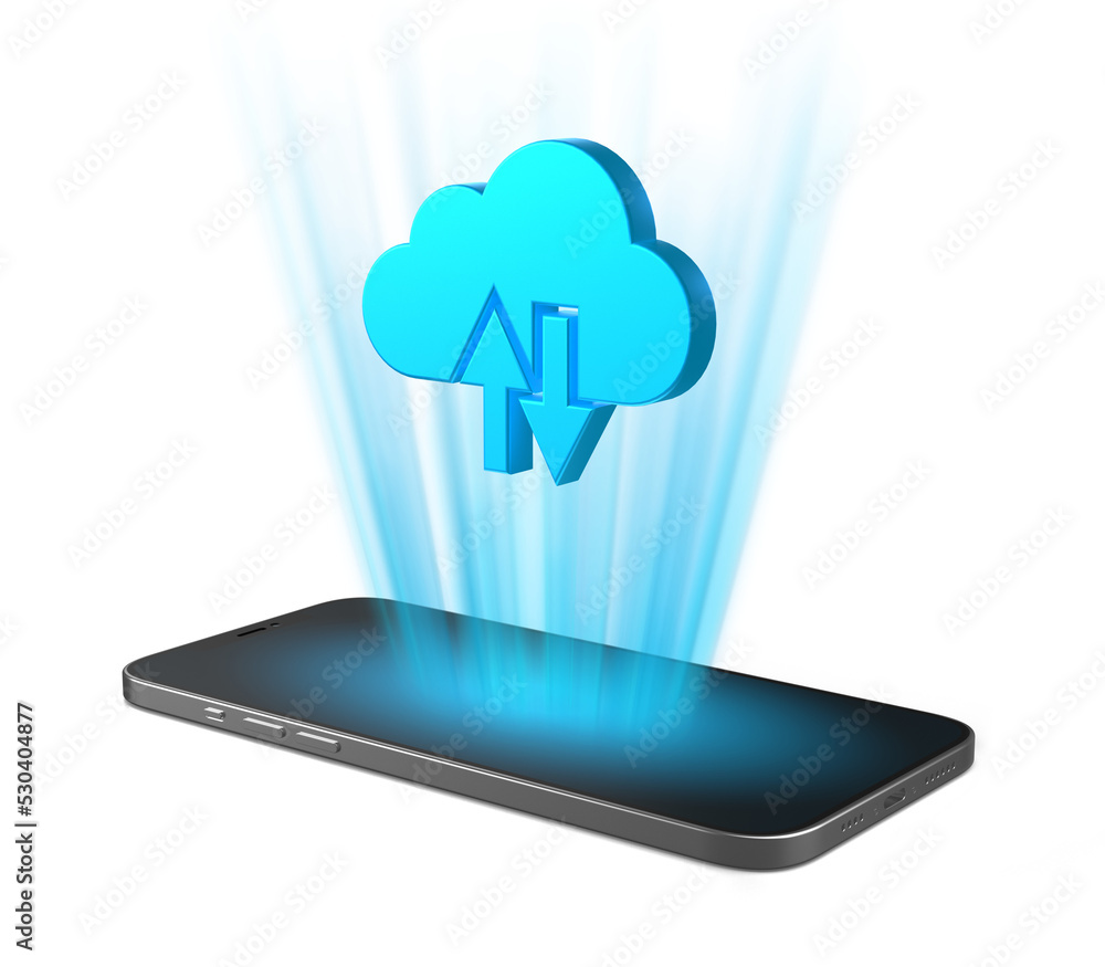 Poster smartphone that projects cloud transfer icon from the screen. phone with cloud transfer symbol on is