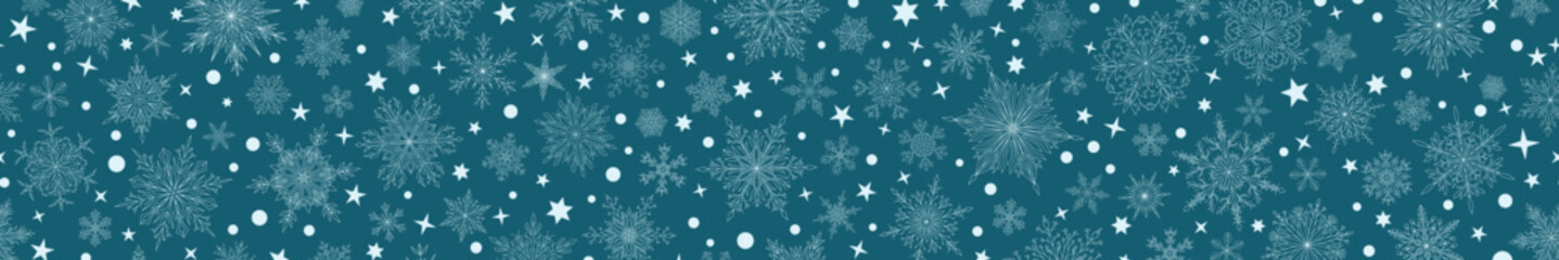 Fototapeta na wymiar Banner of complex Christmas snowflakes in blue colors with seamless horizontal repetition. Winter background with falling snow
