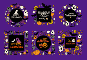A set of frames for Halloween. Vector collection of templates from ghosts, candies, pumpkins, purple black with a place for text and lettering Merry Halloween borders hand-drawn square and circle