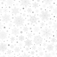 Naklejka na ściany i meble Seamless pattern with complex big and small Christmas snowflakes in gray colors. Winter background with falling snow
