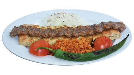 Turkish kebab with bulgur pilaf, roasted tomatoes, roasted peppers, onions and pita bread. transparent, png. Adana, Urfa Kebab