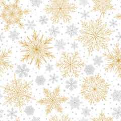 Seamless pattern with complex big and small Christmas snowflakes in gray and yellow colors. Winter background with falling snow