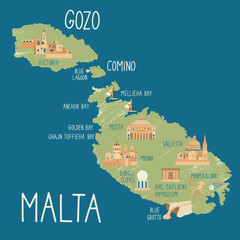 Hand drawn illustrated map of Malta, Gozo and Comino. Concept of travel to the Malta. Colorful vector illustartion. Country symbols on the map.