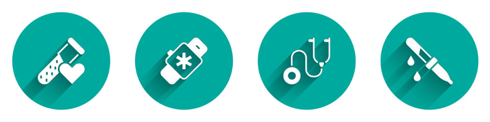 Set Test tube with blood, Smart watch heart, Stethoscope and Pipette icon with long shadow. Vector