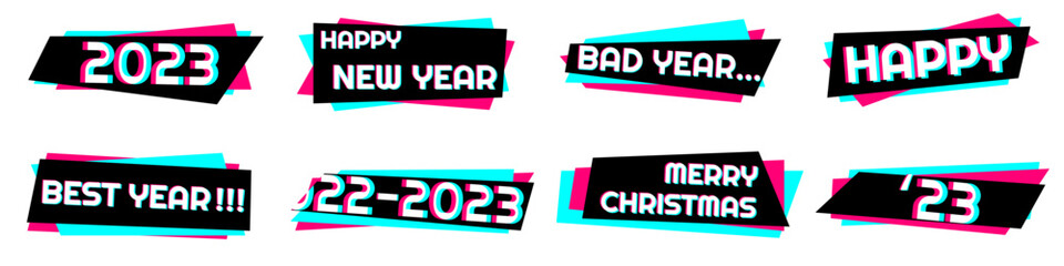 Set of stickers for a popular social network. Black - blue  - pink sticker on white background. Creative concept of 2023 Happy New Year stickers in social media style. Vector illustration