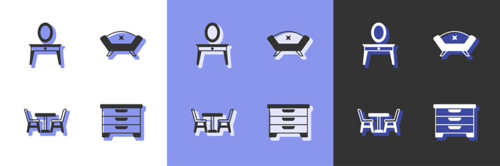 Set Chest of drawers, Dressing table, Table with chair and Sofa icon. Vector