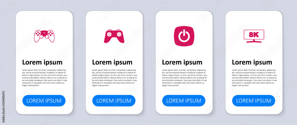 Poster Set Computer monitor, Power button, Game controller joystick and . Business infographic template. Vector