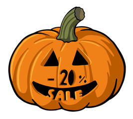 20% sale off carved hallowen pumpkin. Vector illustration.