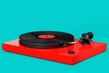 Vinyl record player or DJ turntable with retro vinyl disk on green background.